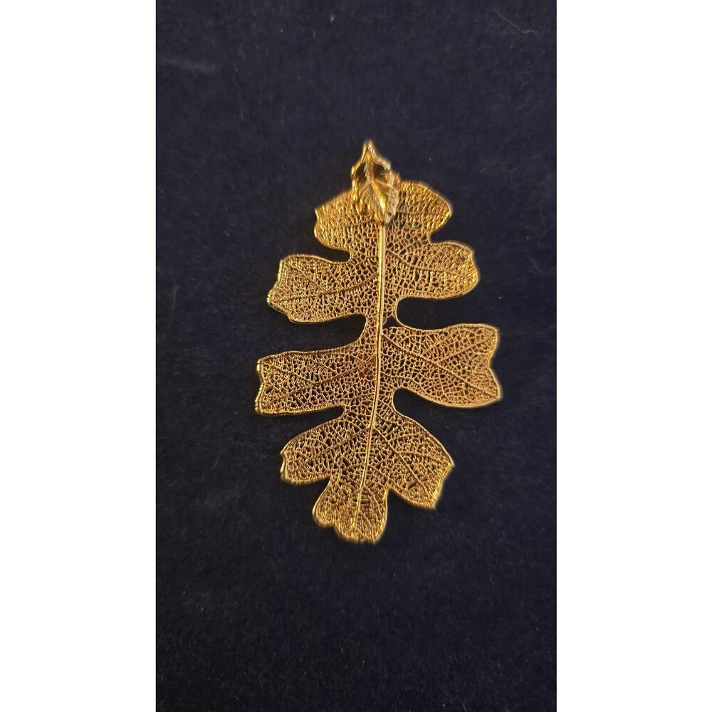 24k Gold Oak Leaf Pendant Filigree Textured Nature Jewelry 2in Charm Statement